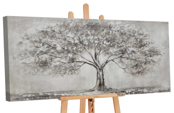 Картина в сірих тонах з деревом на полотні, великий настінний декор ручна робота, картина акрилом на полотні сірого кольору