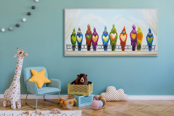 Настінні картини, картина для стіни, картина для декору, веселі мотиви, абстракція з пташками, картина з папугами, картина щоб подарувати дитині