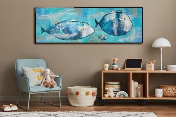 Велика картина для дитячої, замовити картину дитині, картина в синіх тонах, морські мотиви на полотні, малюнок з морськими рибками