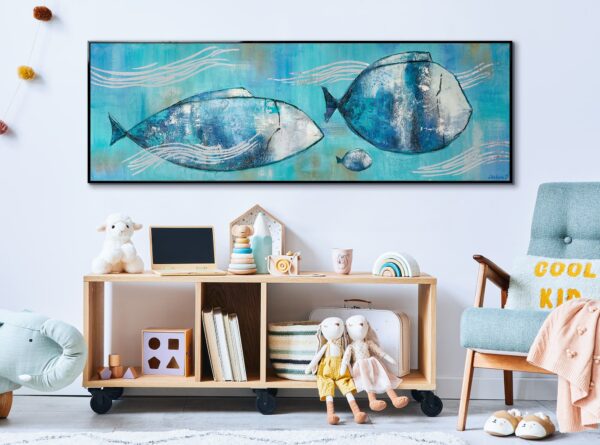 Картина велика для дитячої кімнати, замовити картину в дитячу, яскрава картина в синіх тонах, морська тематика на полотні, малюнок з рибами