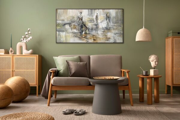 Сучасна картина на стіну, декор для вітальні, настінна картина в оливкових та сірих кольорах, картина із золотою поталю в рамі, крафтовий декор для стін