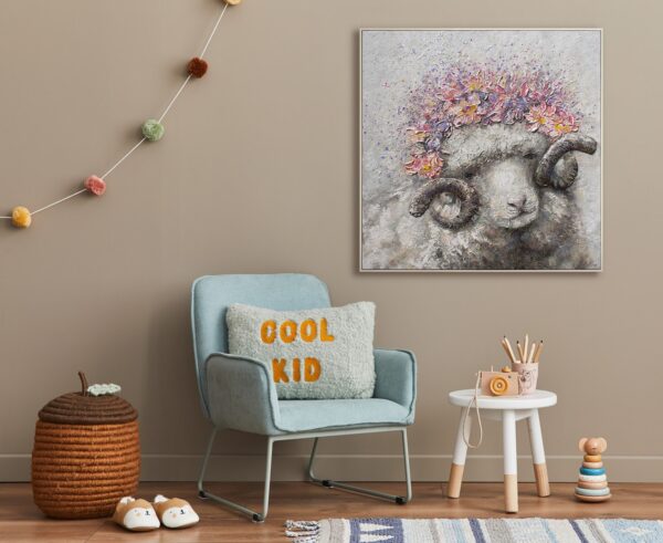 Позитивна картина для дитячої кімнати, картини з тваринками, квіткові мотиви, весела овечка, картини для Овнів, картини для подарунку