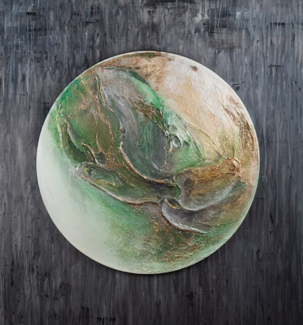 Акрилова картина у формі круга, зелений колір на полотні, золотиста фактура, абстрактний живопис, сучасний декор для стін