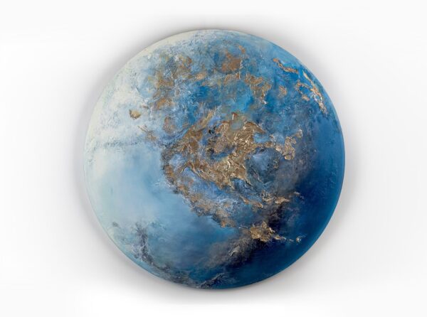 Фактурна картина на полотні, кругла картина планета, картина із золотом, абстрактний ландшафт планети, Нептун на полотні