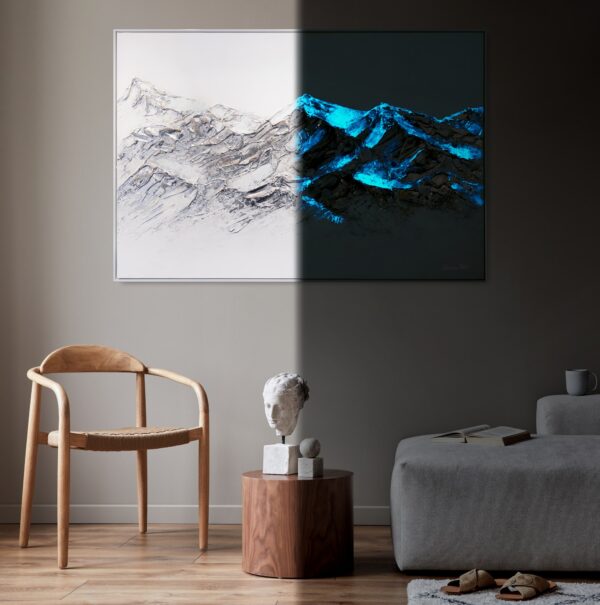 Абстрактна картина з горами, що світиться в темряві, настінний декор на полотні зі сріблястою фактурою, зображені гори на картині