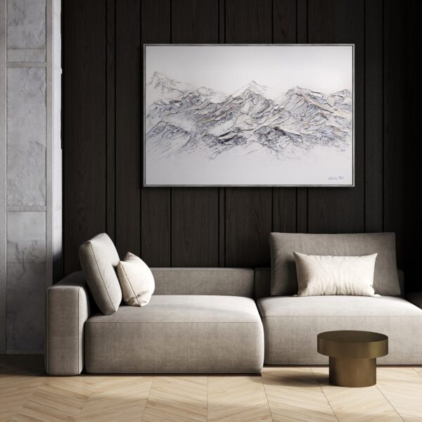 Велика акрилова картина для вітальні, сучасний живопис на полотні з гірським пейзажем, стильний настінний декор для вітальні, картина з горами у білих та срібних кольорах