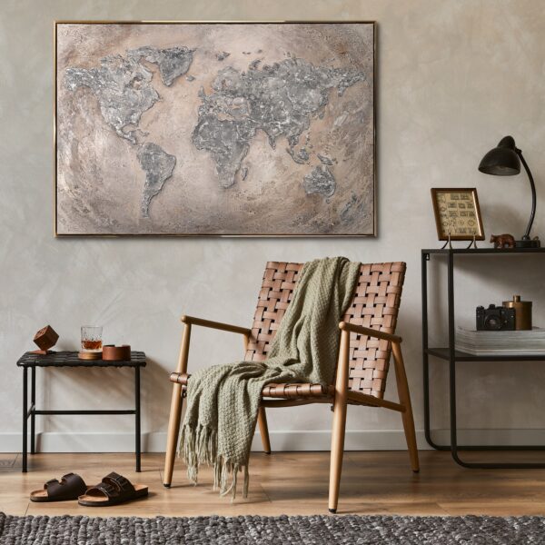 Настінна картина з фактурою, акрилова картина ручна робота, картина з мапою світу, настінний декор на полотні, картина з мапою у сріблястих тонах