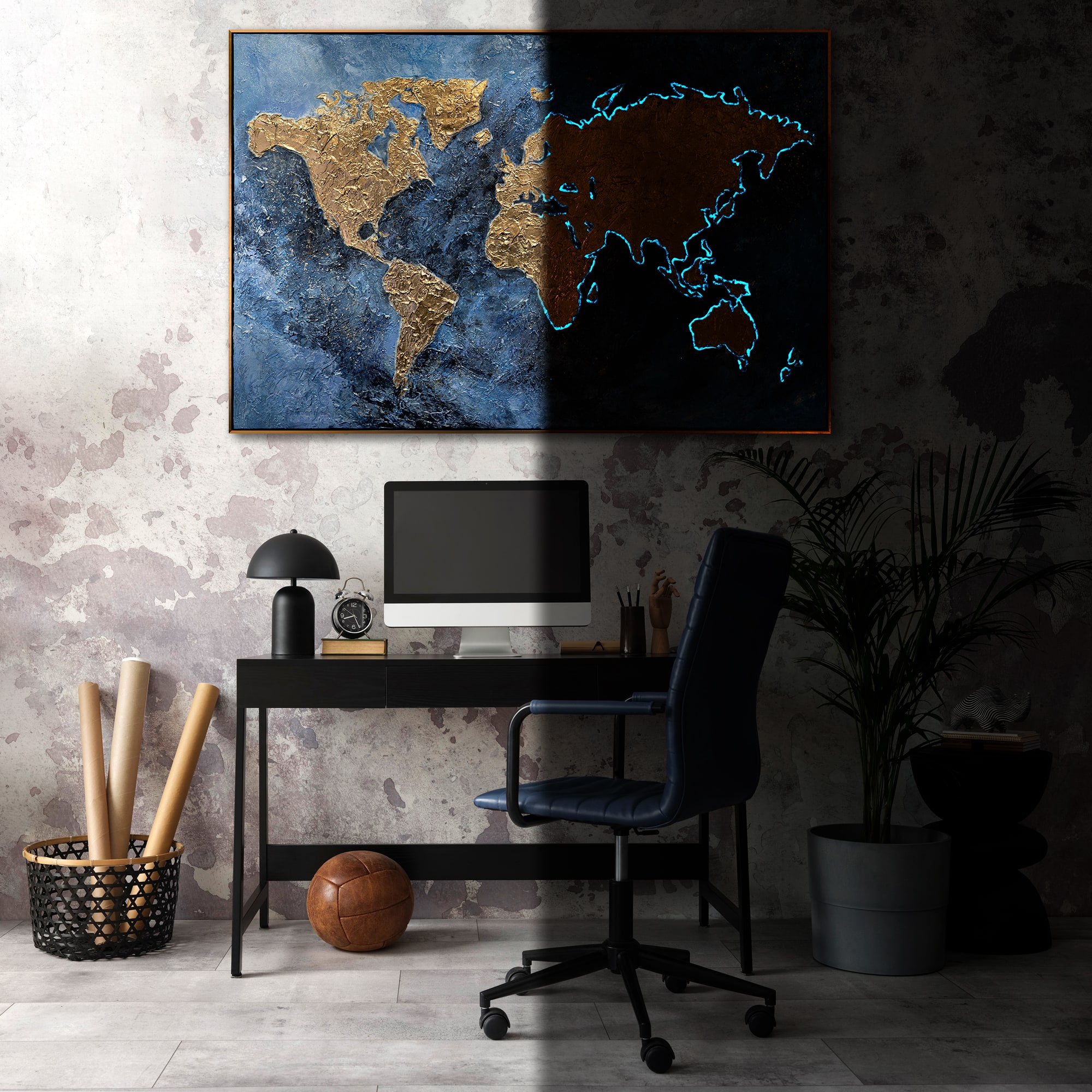 Абстрактна картина карта світу, що світиться в темряві, настінний декор на полотні із золотою фактурою, карта світу на полотні, світова мапа