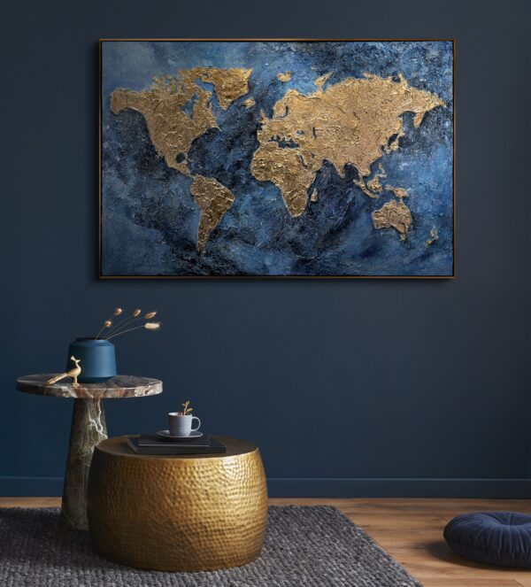 Настінна картина з фактурою, акрилова картина ручна робота, картина з мапою світу, настінний декор на полотні, картина з мапою у золотих тонах
