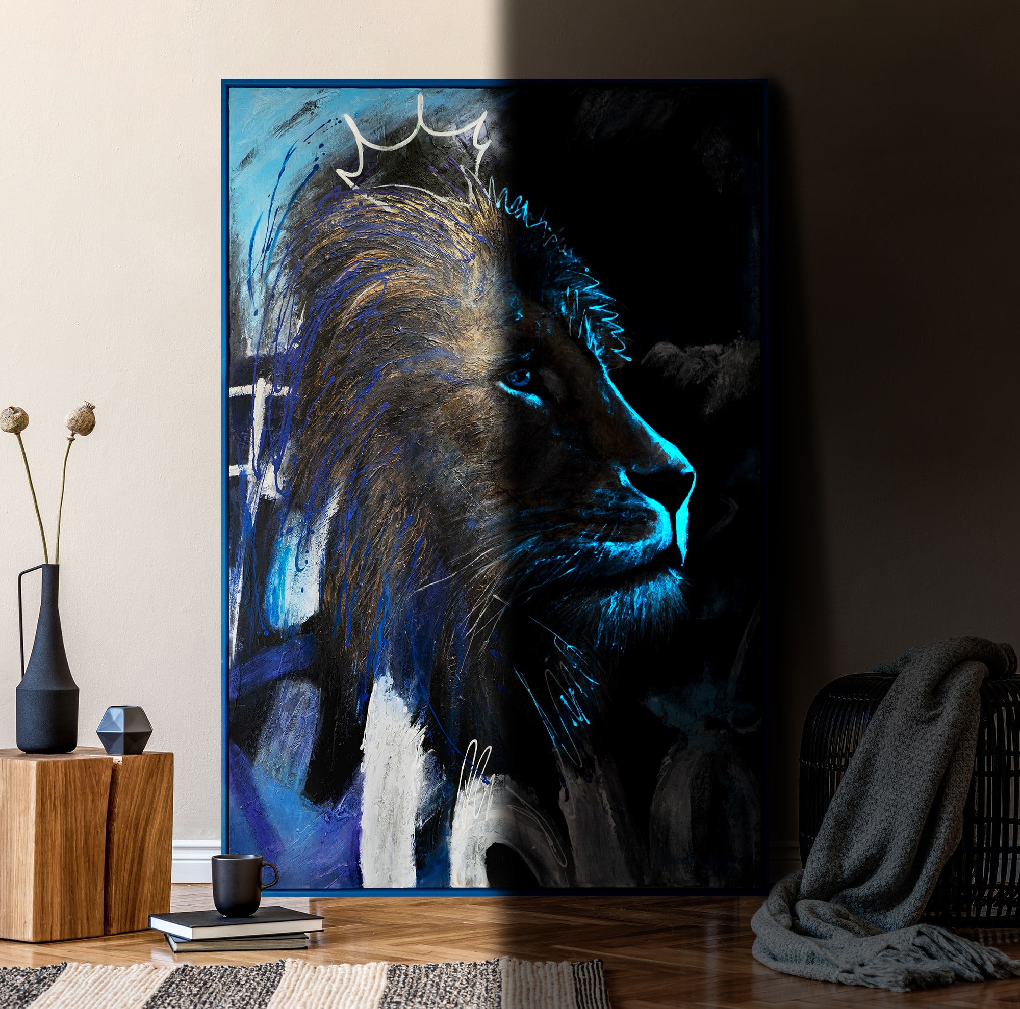 Вертикальна настінна картина світиться в темряві, картина з твариною, картина з левом, абстрактний малюнок на полотні, лев на картині, картина в синіх та чорних тонах