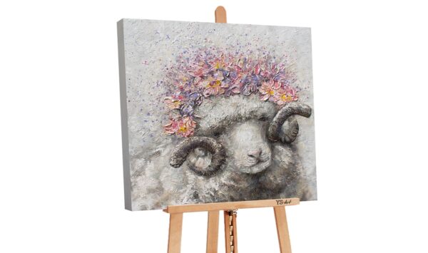 Акрилова квадратна картина на полотні з овечкою у віночку у світлих тонах