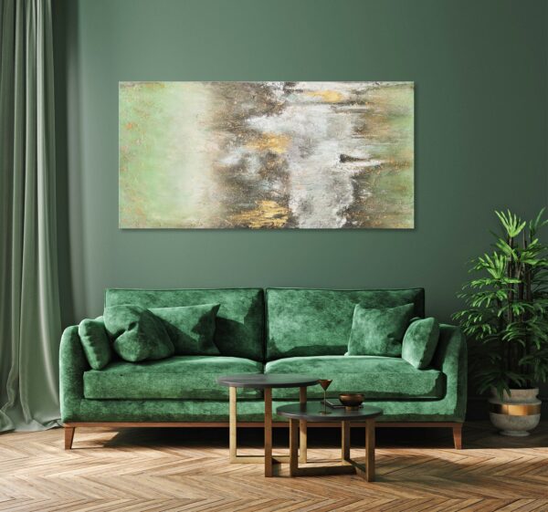 Картина для вітальні, настінний декор для кімнати, картина в сірих та зелених тонах, золота поталь на картині, картини в стилі модерн