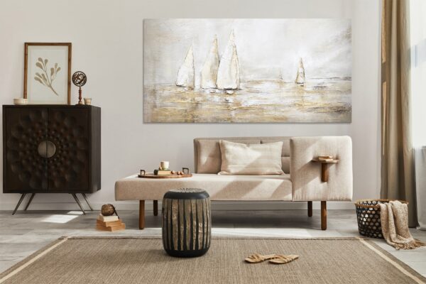 Морський пейзаж на полотні, золота абстрактна картина з морським сюжетом, морський сюжет, картина з вітрильниками