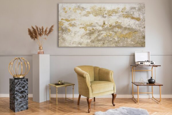Велика картина на стіну у вітальню, абстрактний сюжет із золотом, картина в золотих тонах з фактурою на полотні