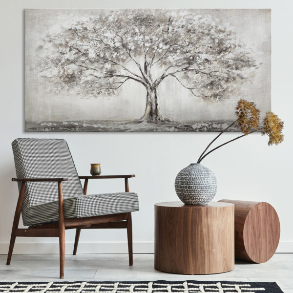 Декор для вітальні, настінна картина в сірих тонах, акриловий розпис на полотні, мотив з деревом