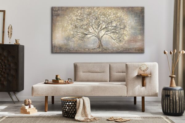 Картина для вітальні в золотих тонах з деревом, настінний декор ручна робота, крафтові картини, абстрактний сюжет, дерево на картині