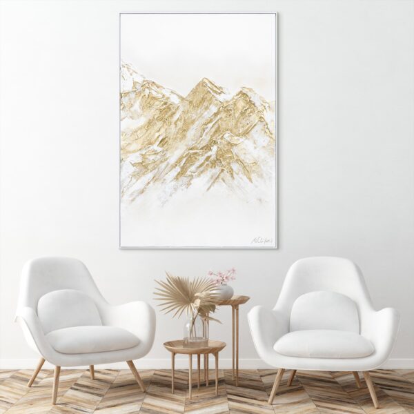 Велика картина з горами та золотою фактурою, настінний декор для дому, вертикальна картина акрилом на полотні, декоративне оформлення стін, декор у білих кольорах
