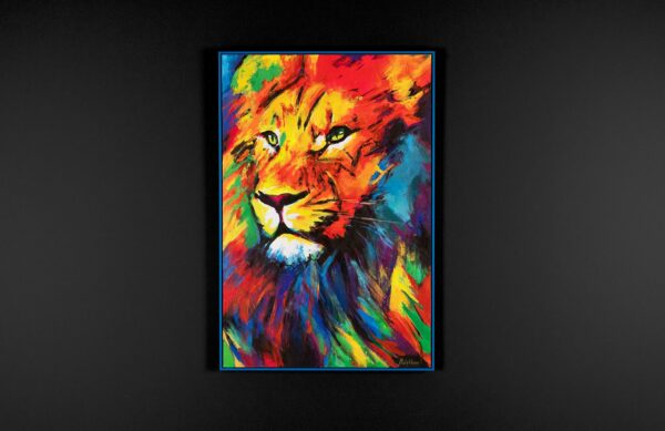 Вертикальна настінна картина, картина з твариною, картина з левом, абстрактний малюнок на полотні, лев на картині, картина в яскравих кольорах