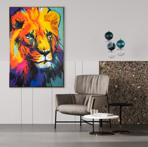 Настінна картина з твариною, картина з левицею, абстрактний сюжет на полотні, левиця на картині, яскрава картина