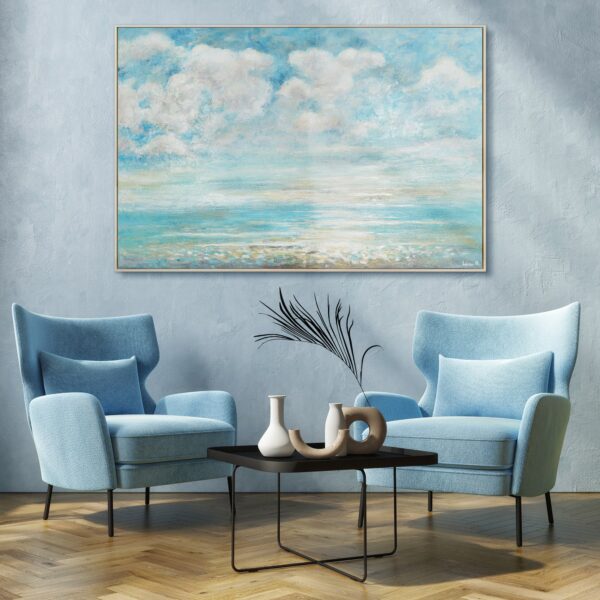 Картина для вітальні в ніжних тонах, картина з біло-блакитними кольорами, настінний пейзаж з морем, красивий морський пейзаж
